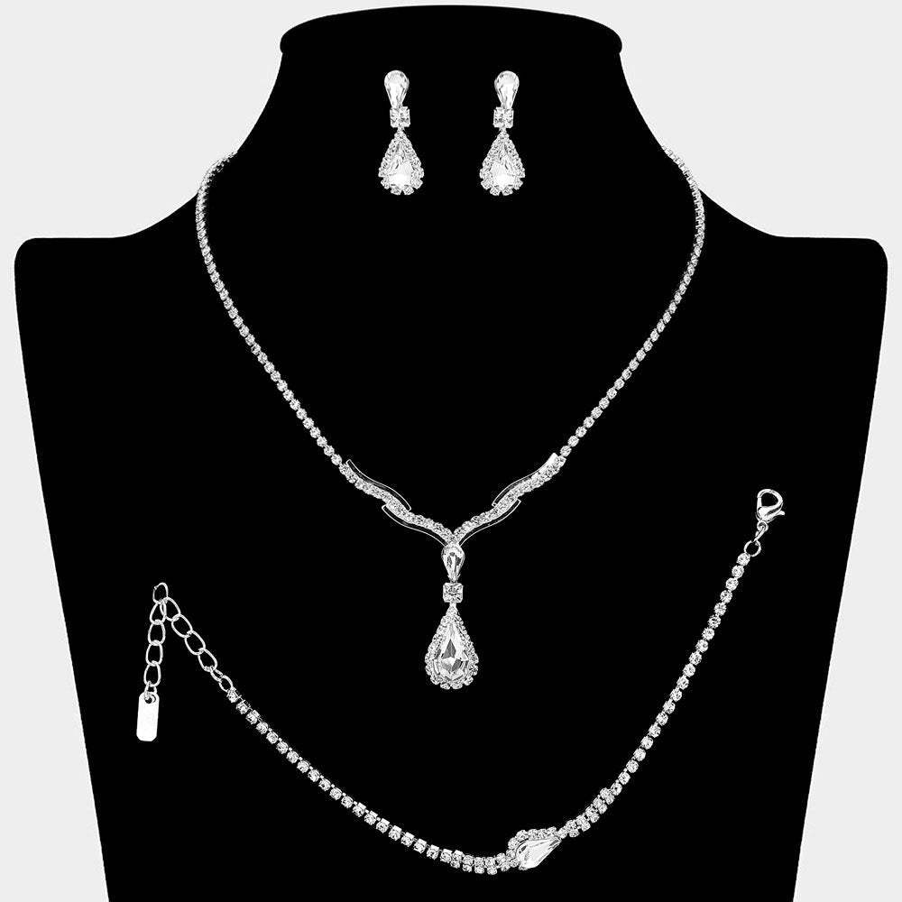 Teardrop Stone Pendant Accent Rhinestone Paved Jewelry Set - Madeline Love - Flyclothing LLC
