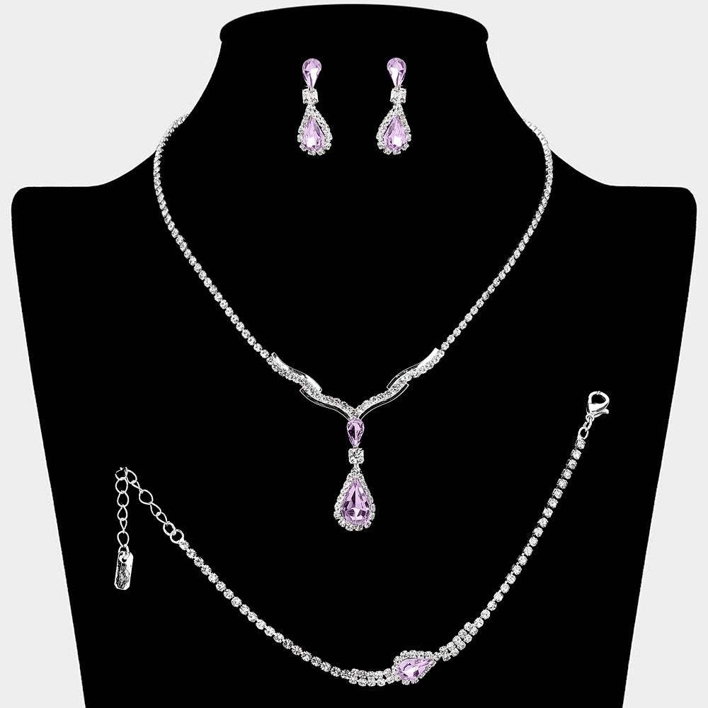 Teardrop Stone Pendant Accent Rhinestone Paved Jewelry Set - Madeline Love - Flyclothing LLC