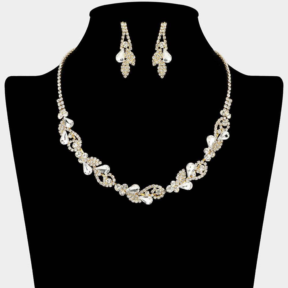 Teardrop Cluster Rhinestone Paved Leaf Necklace - Madeline Love - Flyclothing LLC