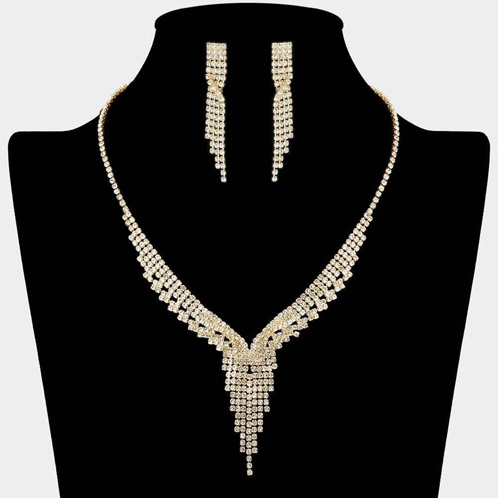 Rhinestone Paved Fringe Accent V Shaped Necklace - Madeline Love - Flyclothing LLC
