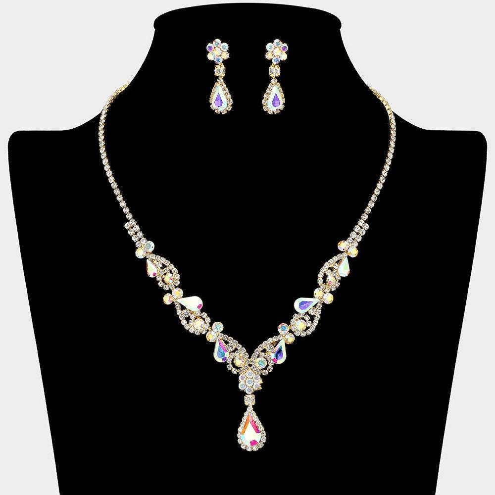 Teardrop Stone Cluster Accent Rhinestone Paved Y Shape Necklace - Madeline Love - Flyclothing LLC