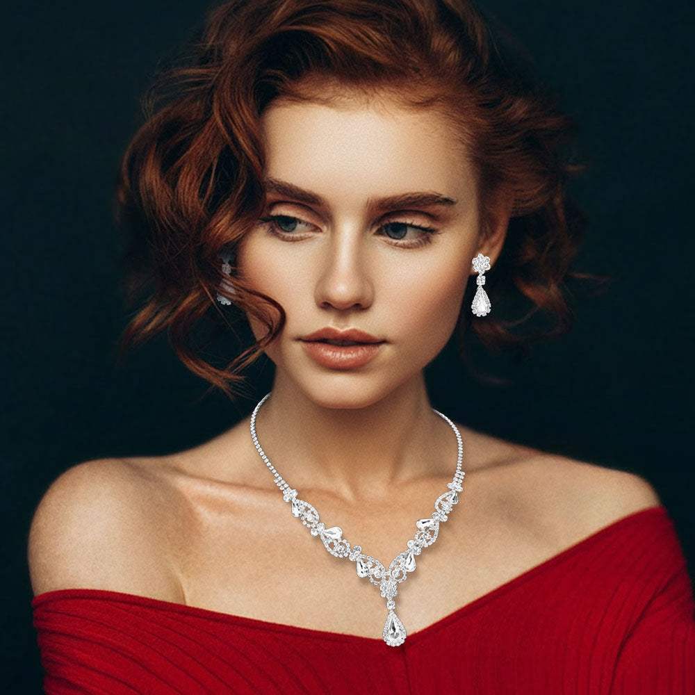 Teardrop Stone Cluster Accent Rhinestone Paved Y Shape Necklace - Madeline Love - Flyclothing LLC