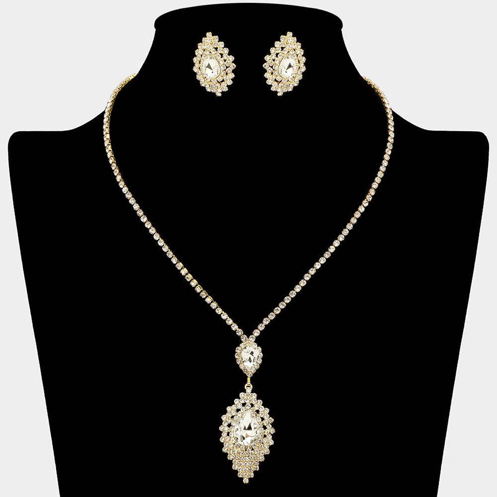 Teardrop Stone Center Rhinestone Paved Pendant Accent Necklace - Madeline Love - Flyclothing LLC