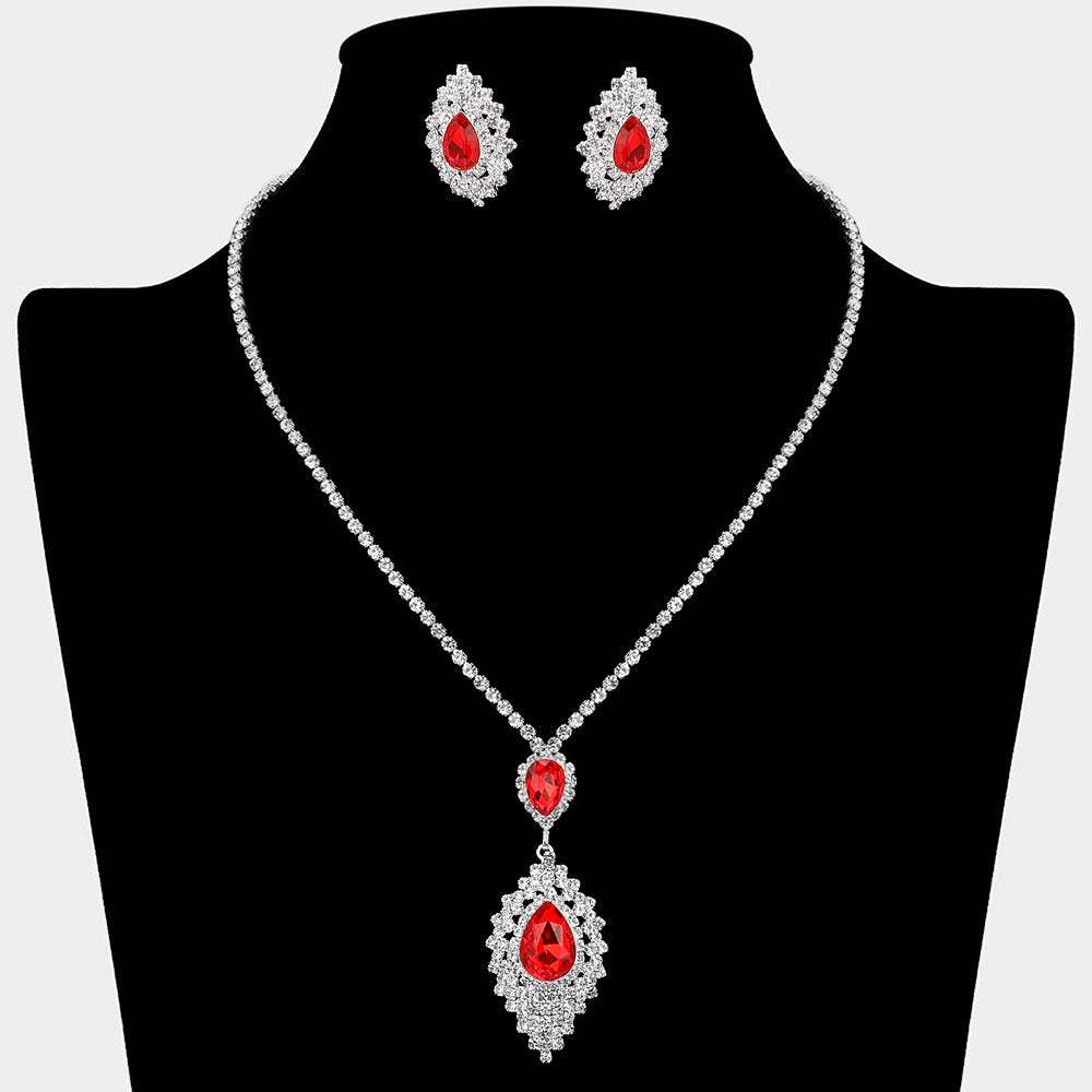 Teardrop Stone Center Rhinestone Paved Pendant Accent Necklace - Madeline Love - Flyclothing LLC