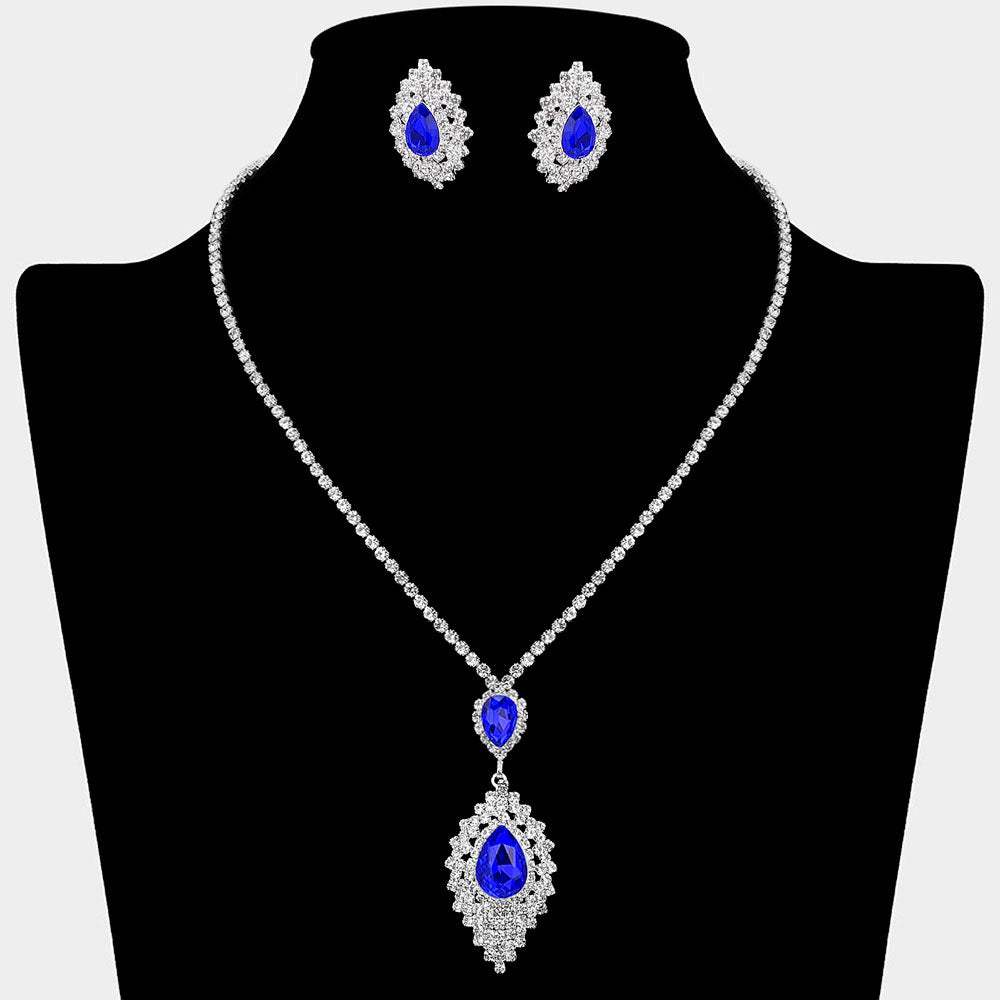 Teardrop Stone Center Rhinestone Paved Pendant Accent Necklace - Madeline Love - Flyclothing LLC