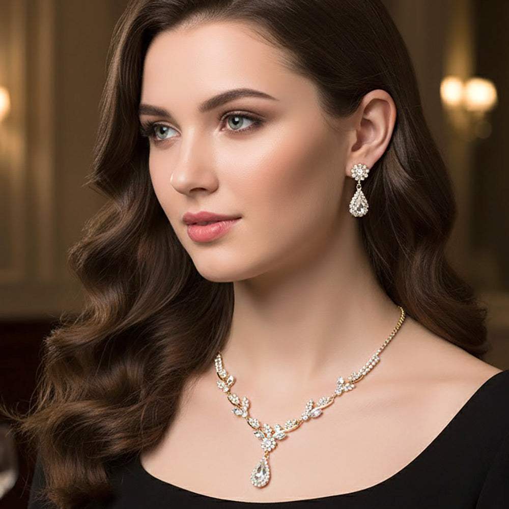 Teardrop Stone Cluster Accent Rhinestone Leaf Branch Necklace - Madeline Love - Flyclothing LLC
