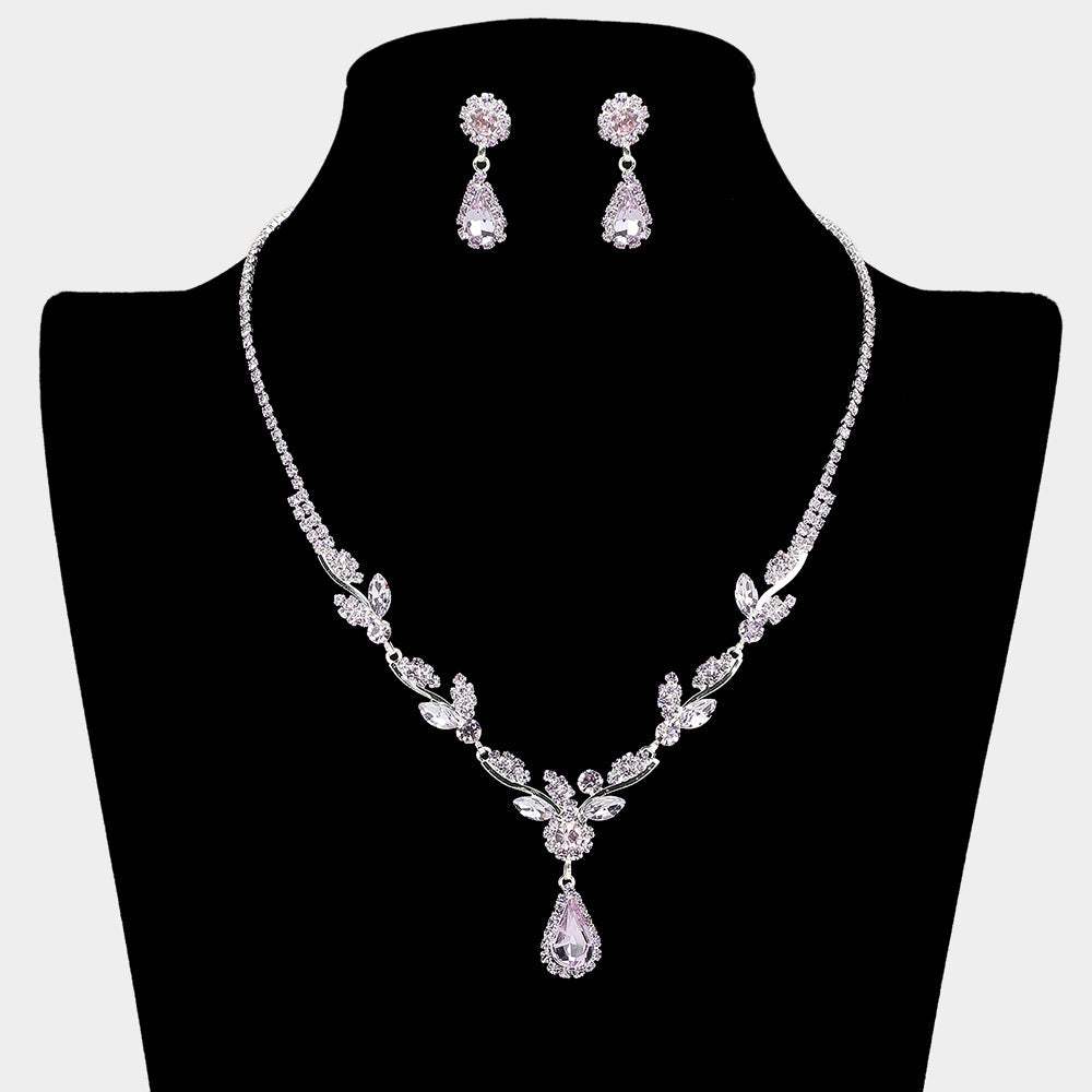 Teardrop Stone Cluster Accent Rhinestone Leaf Branch Necklace - Madeline Love - Flyclothing LLC