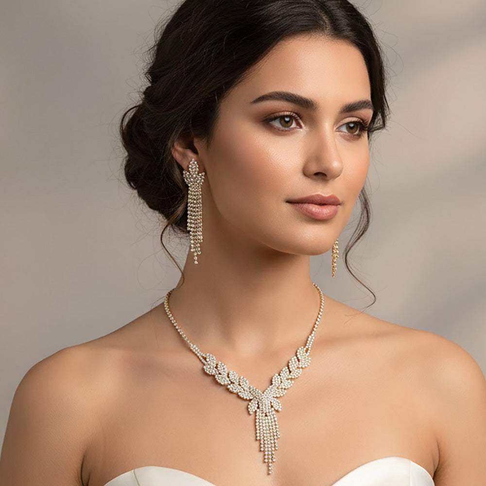 Rhinestone Paved Leaf Cascade Necklace - Madeline Love - Flyclothing LLC