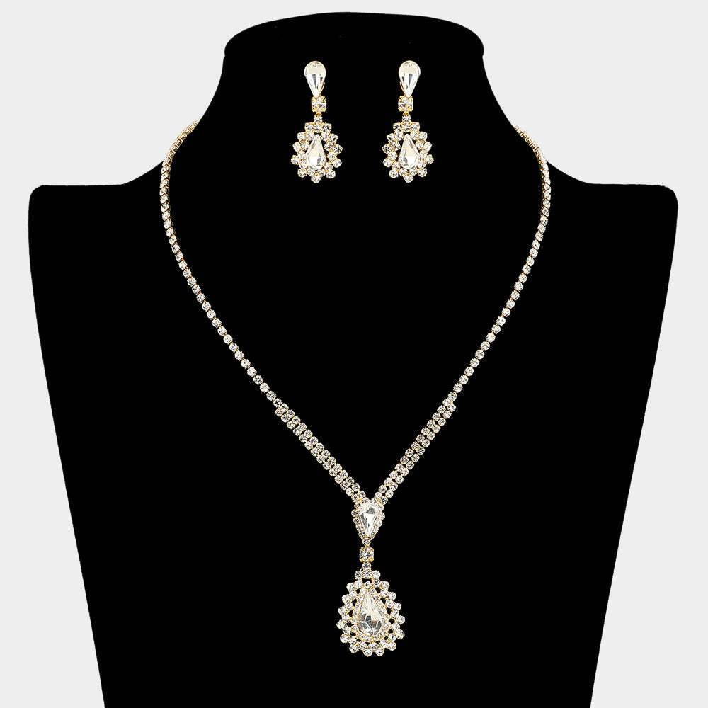 Teardrop Stone Cluster Pendant Rhinestone Paved Necklace - Madeline Love - Flyclothing LLC