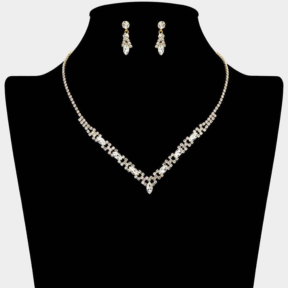 Marquise Stone Cluster Rhinestone Paved V Shape Necklace - Madeline Love - Flyclothing LLC