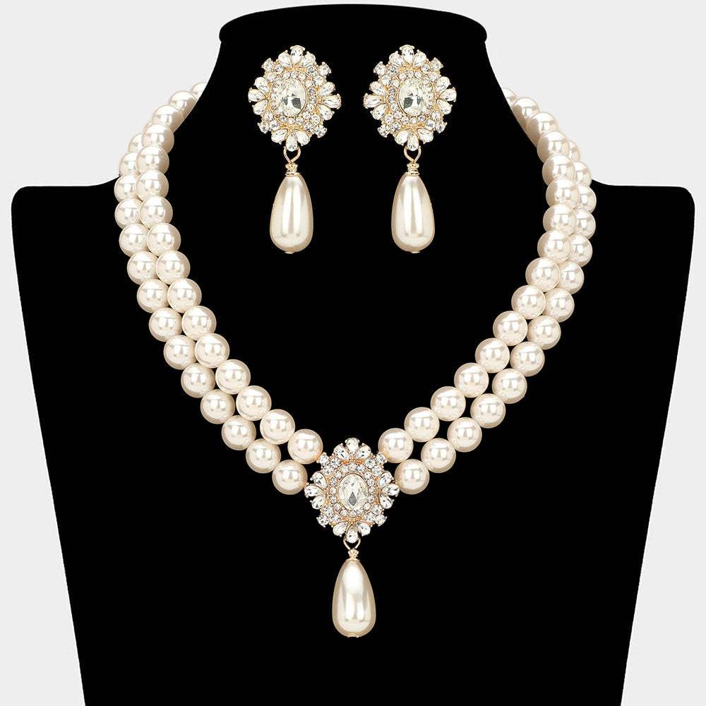 Glamours Oval Rhinestone Pendant Accent Double Strand Pearl Necklace - Madeline Love - Flyclothing LLC