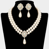 Glamours Oval Rhinestone Pendant Accent Double Strand Pearl Necklace - Madeline Love - Flyclothing LLC