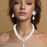 Glamours Oval Rhinestone Pendant Accent Double Strand Pearl Necklace - Madeline Love - Flyclothing LLC