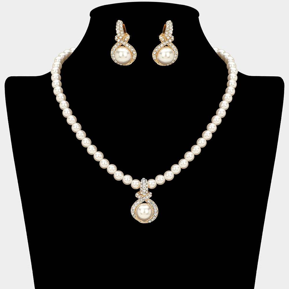 Rhinestone Paved Rim Pearl Pendant Accent Necklace - Madeline Love - Flyclothing LLC