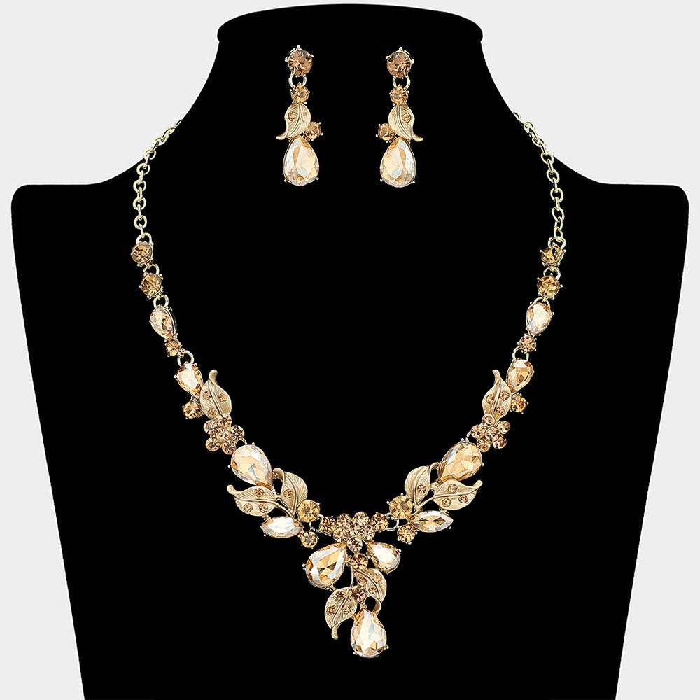 Teardrop Stone Cluster Leaf Embellished Necklace - Madeline Love - Flyclothing LLC