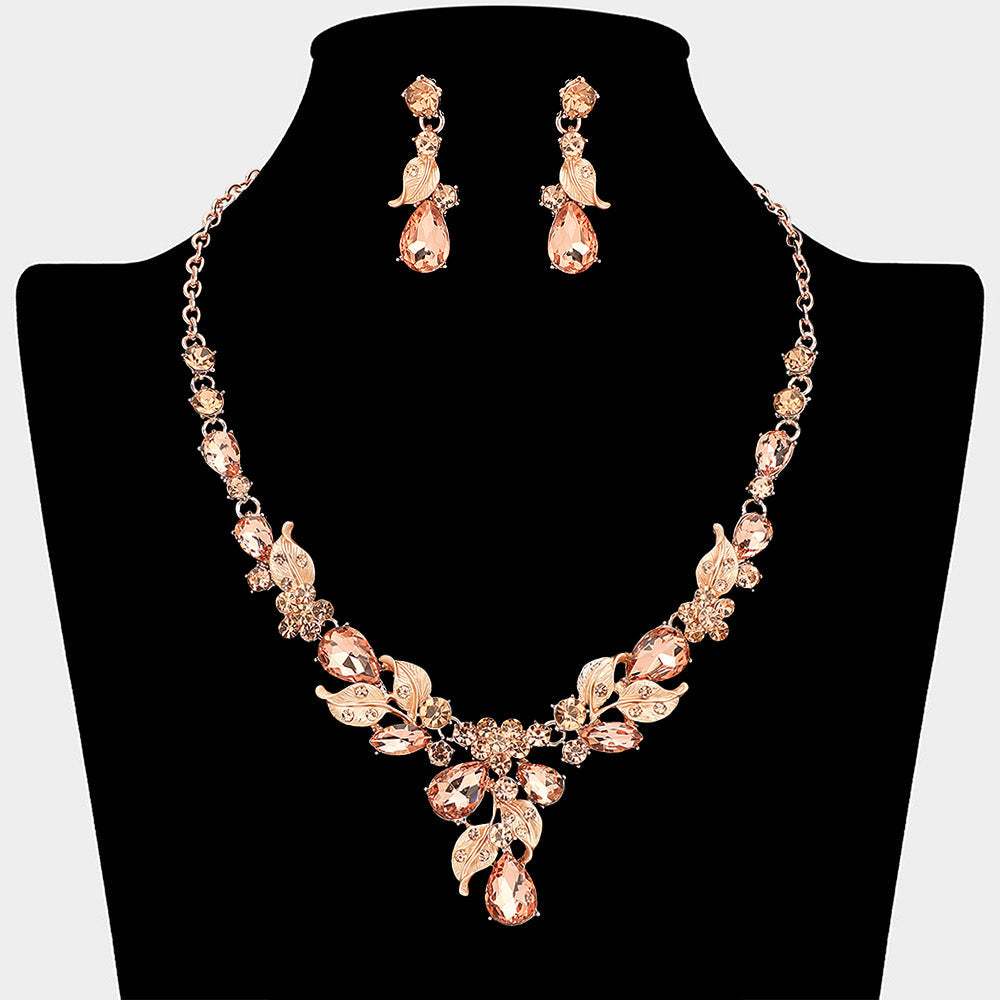 Teardrop Stone Cluster Leaf Embellished Necklace - Madeline Love - Flyclothing LLC