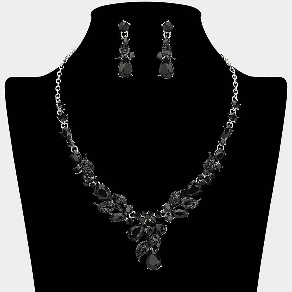 Teardrop Stone Cluster Leaf Embellished Necklace - Madeline Love - Flyclothing LLC