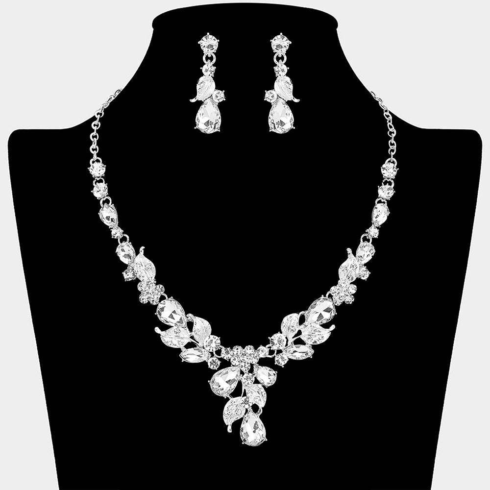 Teardrop Stone Cluster Leaf Embellished Necklace - Madeline Love - Flyclothing LLC