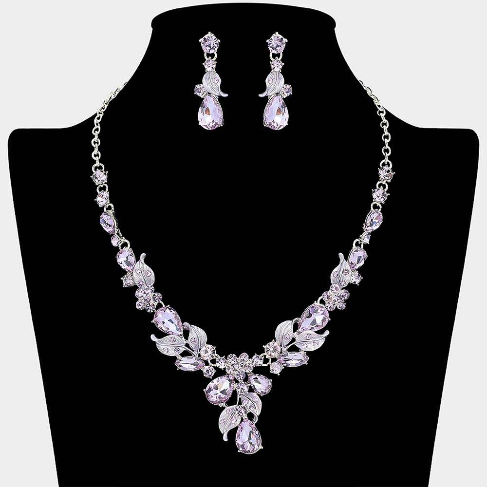 Teardrop Stone Cluster Leaf Embellished Necklace - Madeline Love - Flyclothing LLC