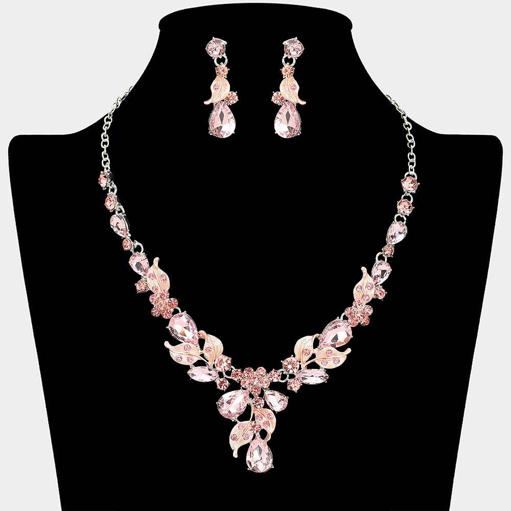Teardrop Stone Cluster Leaf Embellished Necklace - Madeline Love - Flyclothing LLC