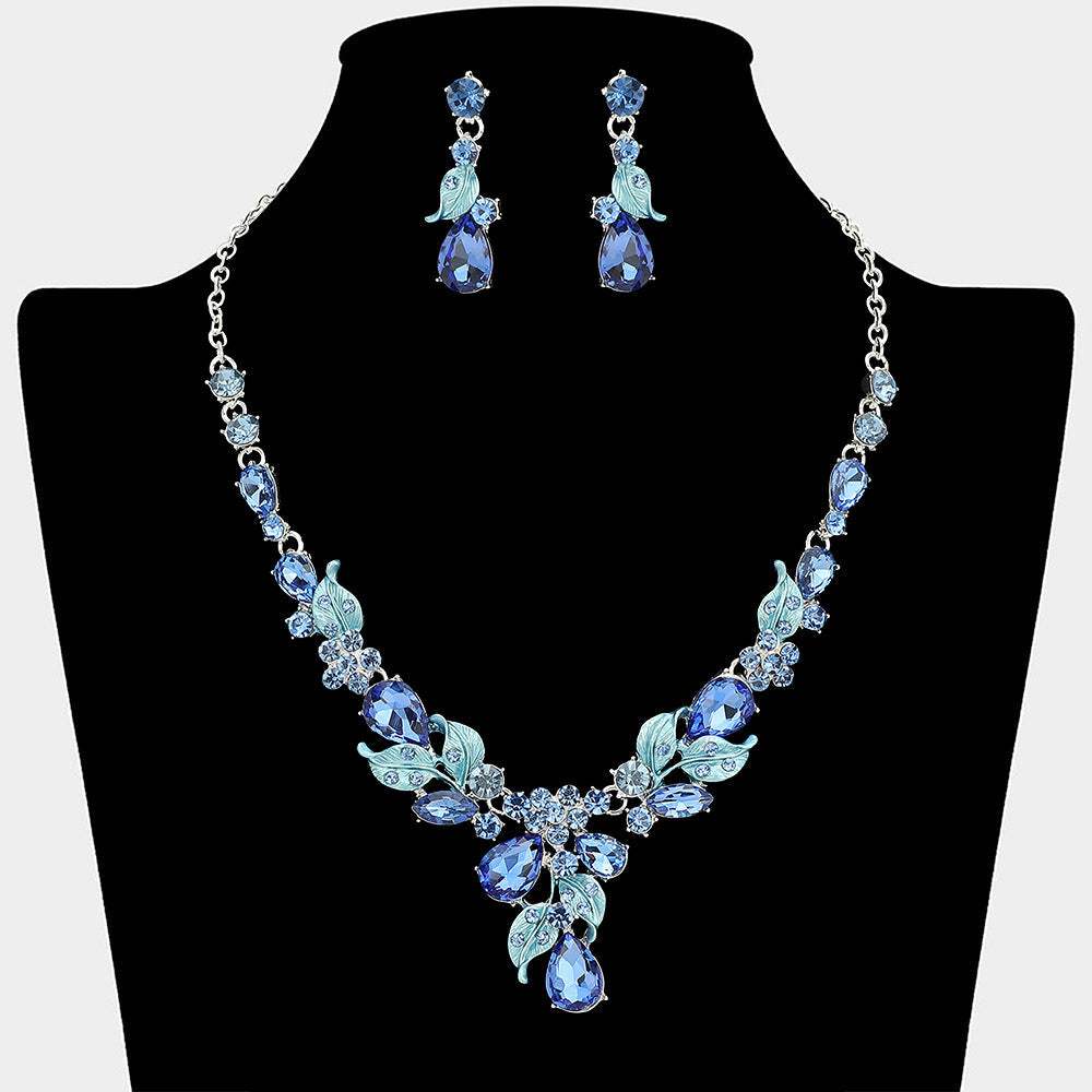 Teardrop Stone Cluster Leaf Embellished Necklace - Madeline Love - Flyclothing LLC