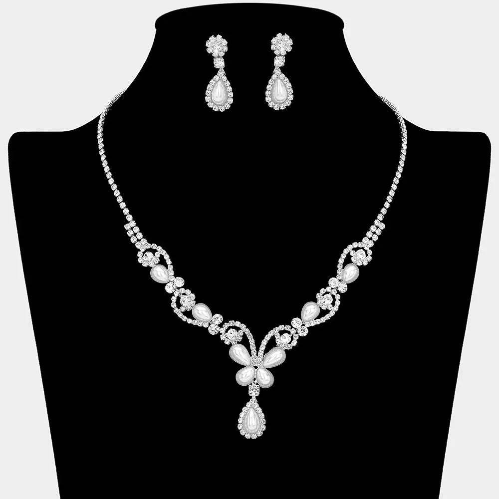 Teardrop Pearl Embellished Rhinestone Paved Necklace - Madeline Love - Flyclothing LLC