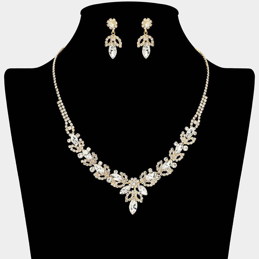 Marquise Stone Cluster Leaf Drop Rhinestone Paved Necklace - Madeline Love - Flyclothing LLC