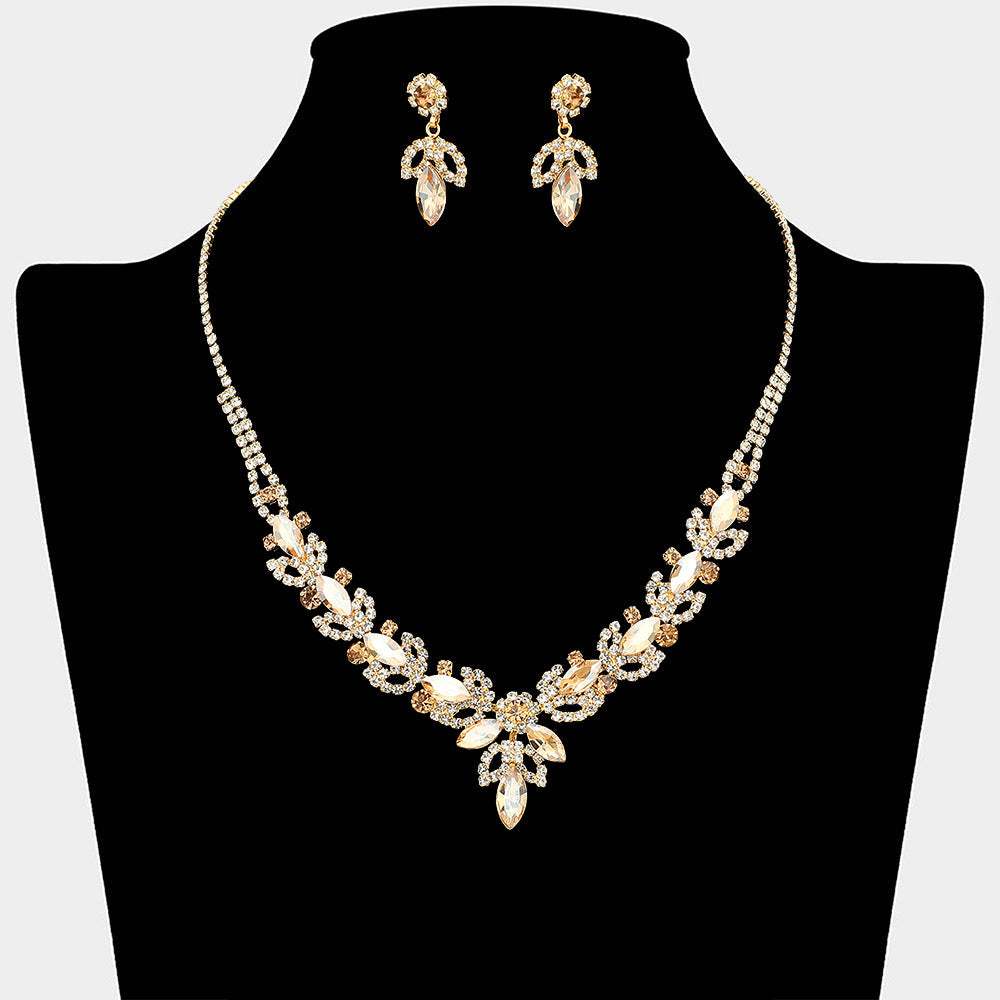 Marquise Stone Cluster Leaf Drop Rhinestone Paved Necklace - Madeline Love - Flyclothing LLC