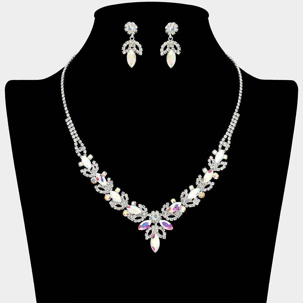 Marquise Stone Cluster Leaf Drop Rhinestone Paved Necklace - Madeline Love - Flyclothing LLC