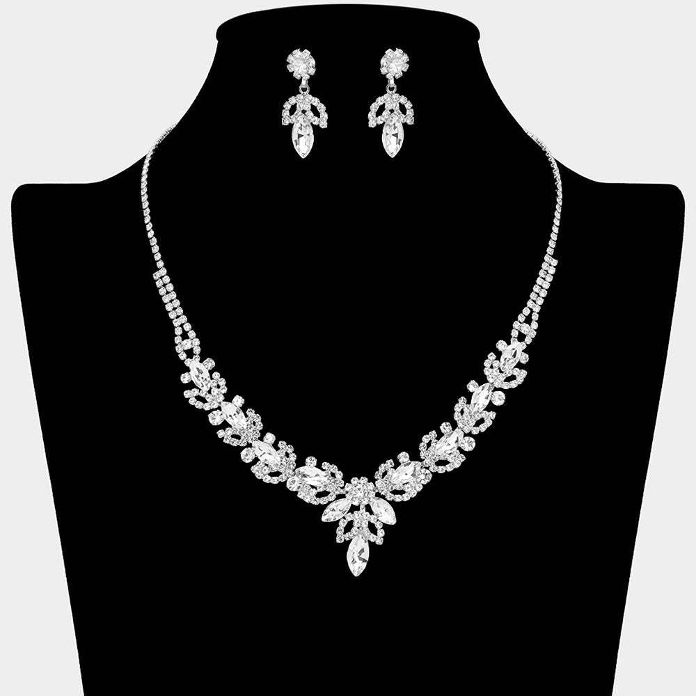 Marquise Stone Cluster Leaf Drop Rhinestone Paved Necklace - Madeline Love - Flyclothing LLC