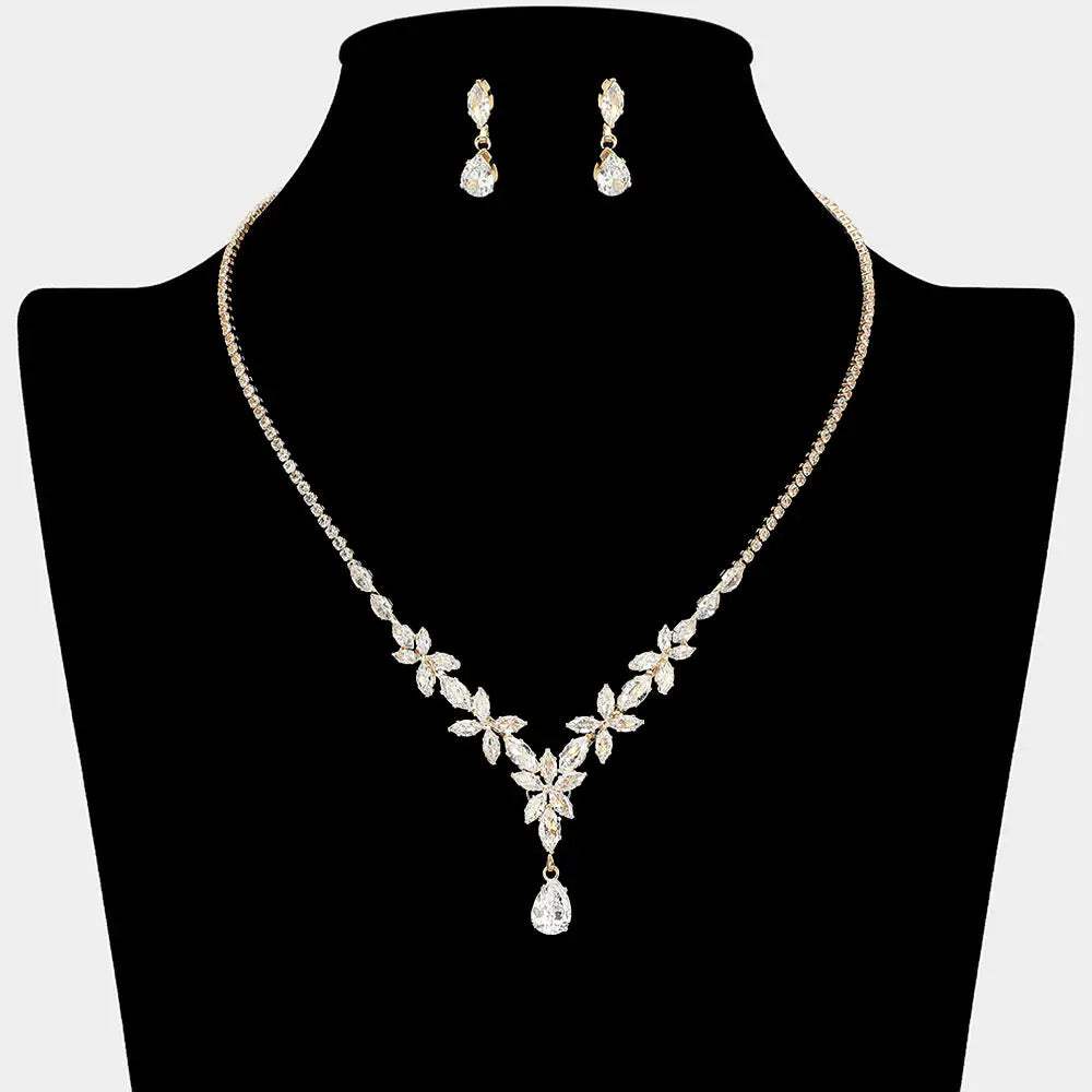 Teardrop CZ Stone Cluster Drop Marquise Cluster Embellished Necklace - Madeline Love - Flyclothing LLC