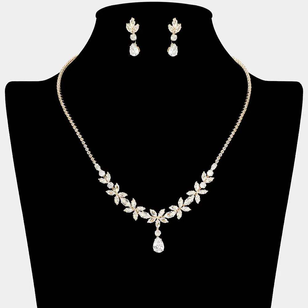 Teardrop CZ Stone Cluster Drop Floral Necklace - Madeline Love - Flyclothing LLC
