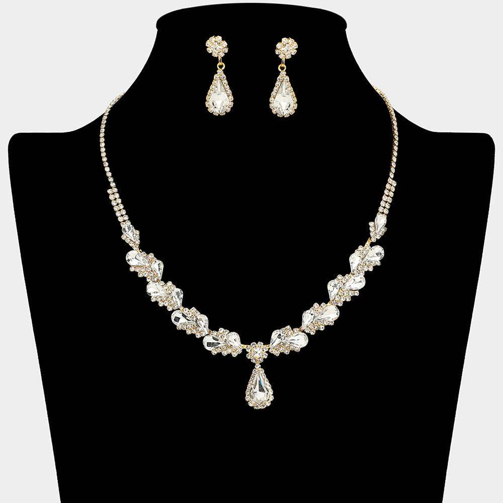 Teardrop Stone Pendant Accent Marquise Flower Stone Cluster Embellished Necklace - Madeline Love - Flyclothing LLC