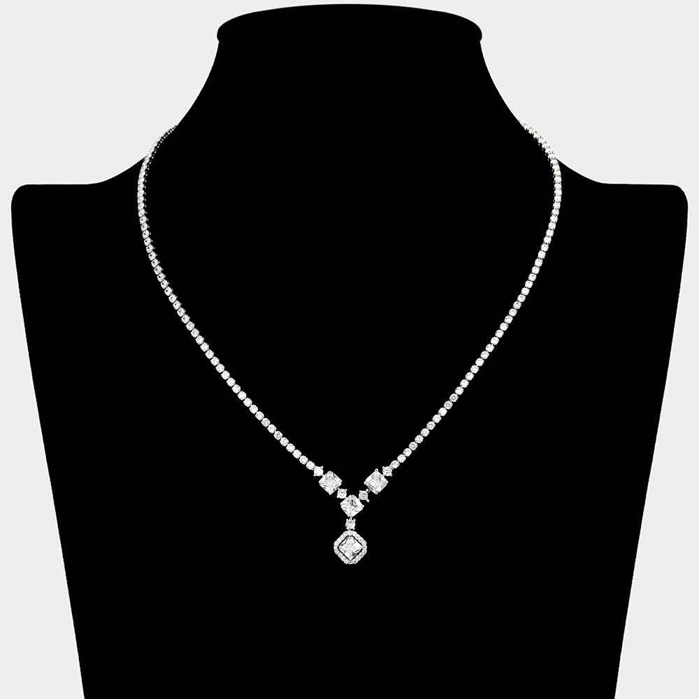 Square CZ Stone Pendant Drop Rhinestone Paved Necklace - Madeline Love - Flyclothing LLC