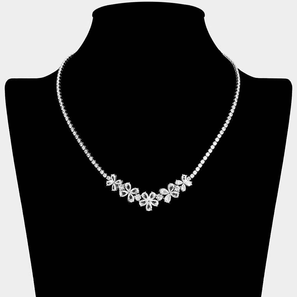 Floral CZ Stone Cluster Link Accent Rhinestone Paved Necklace - Madeline Love - Flyclothing LLC