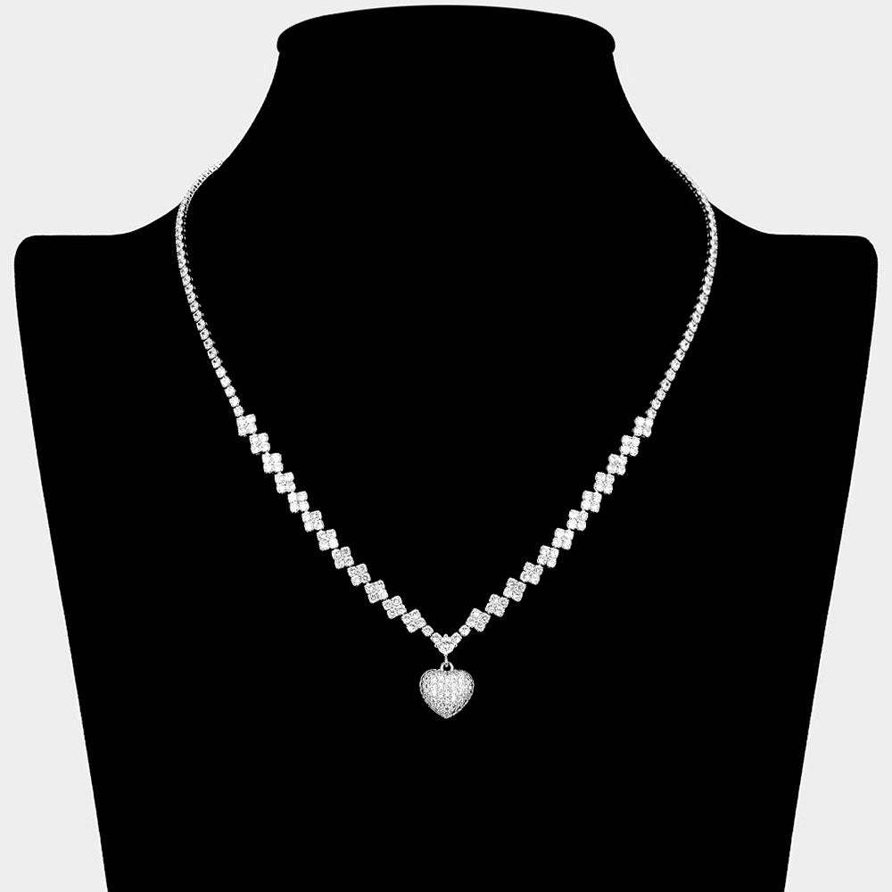 CZ Stone Paved Heart Pendant Accent Quatrefoil Link Chain Rhinestone Paved Necklace - Madeline Love - Flyclothing LLC