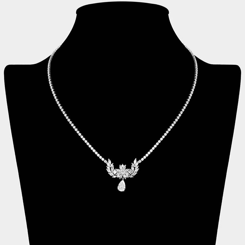 Floral Laurel CZ Stone Cluster Accent Teardrop Cluster Dangle Rhinestone Paved Necklace - Madeline Love - Flyclothing LLC