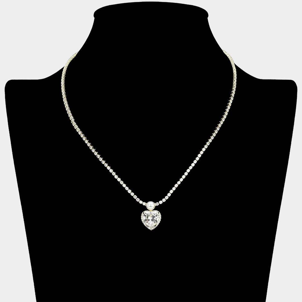 Heart CZ Stone Charm Drop Rhinestone Necklace - Madeline Love - Flyclothing LLC