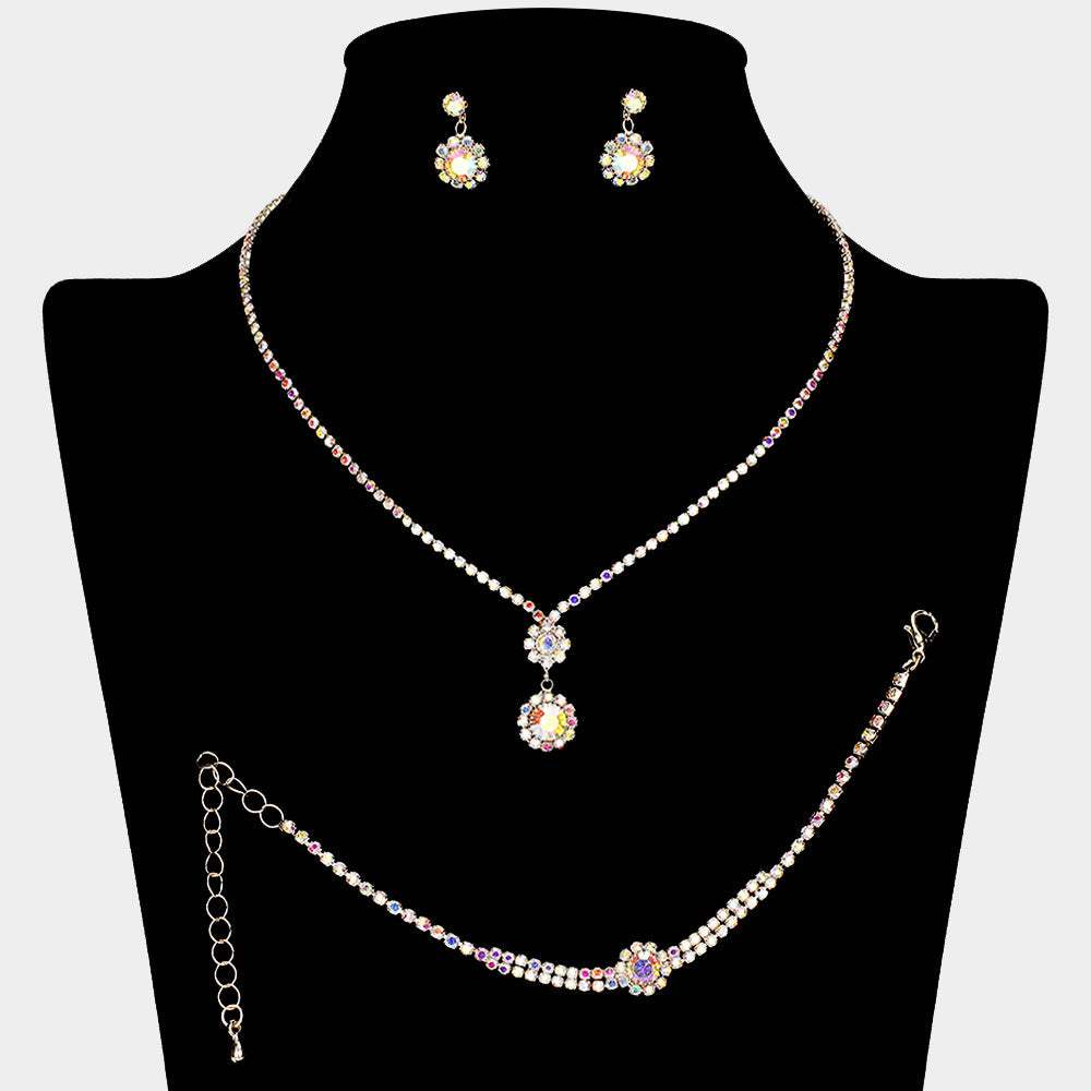 Round Stone Pendant Accented Rhinestone Paved Jewelry Set - Madeline Love - Flyclothing LLC