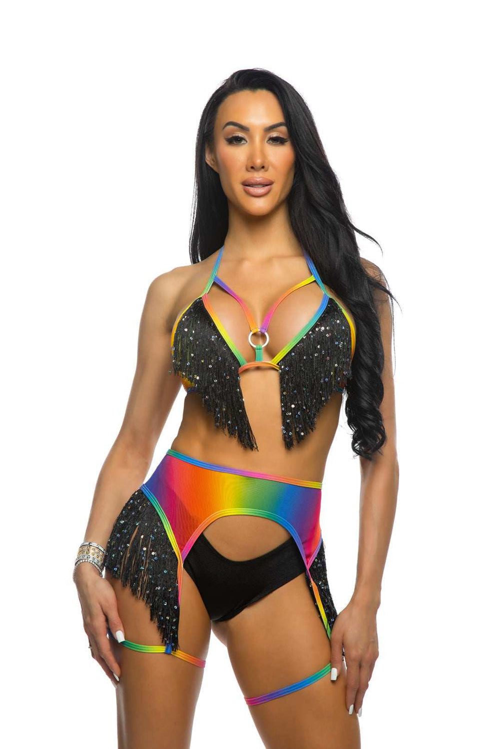 J Valentine Rainbow Fringe Top, Garter & Short Set - J. Valentine - Flyclothing LLC