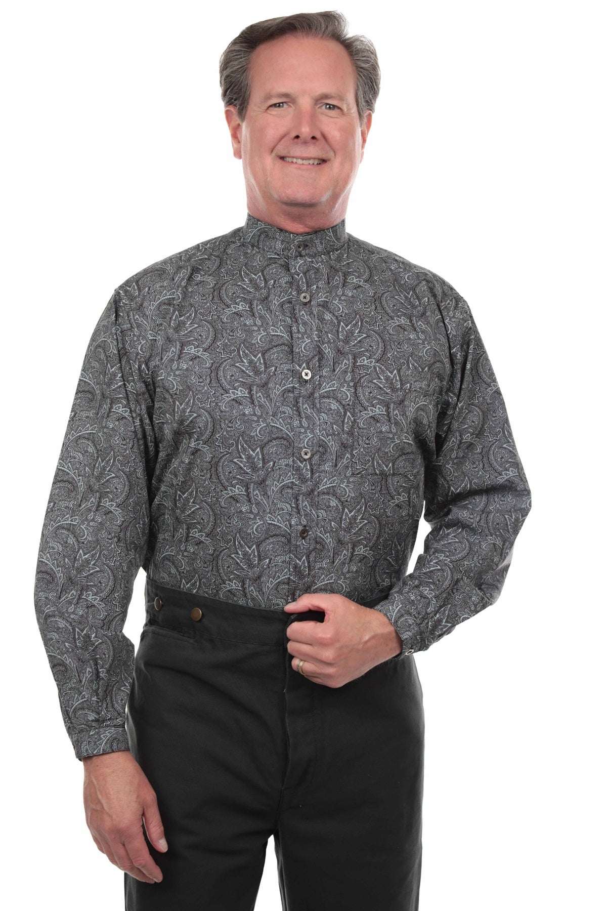 Scully Navy Floral Print Band Collar Shirt