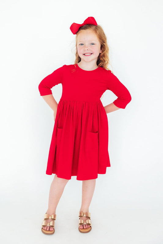 Red 3/4 Sleeve Pocket Twirl Dress