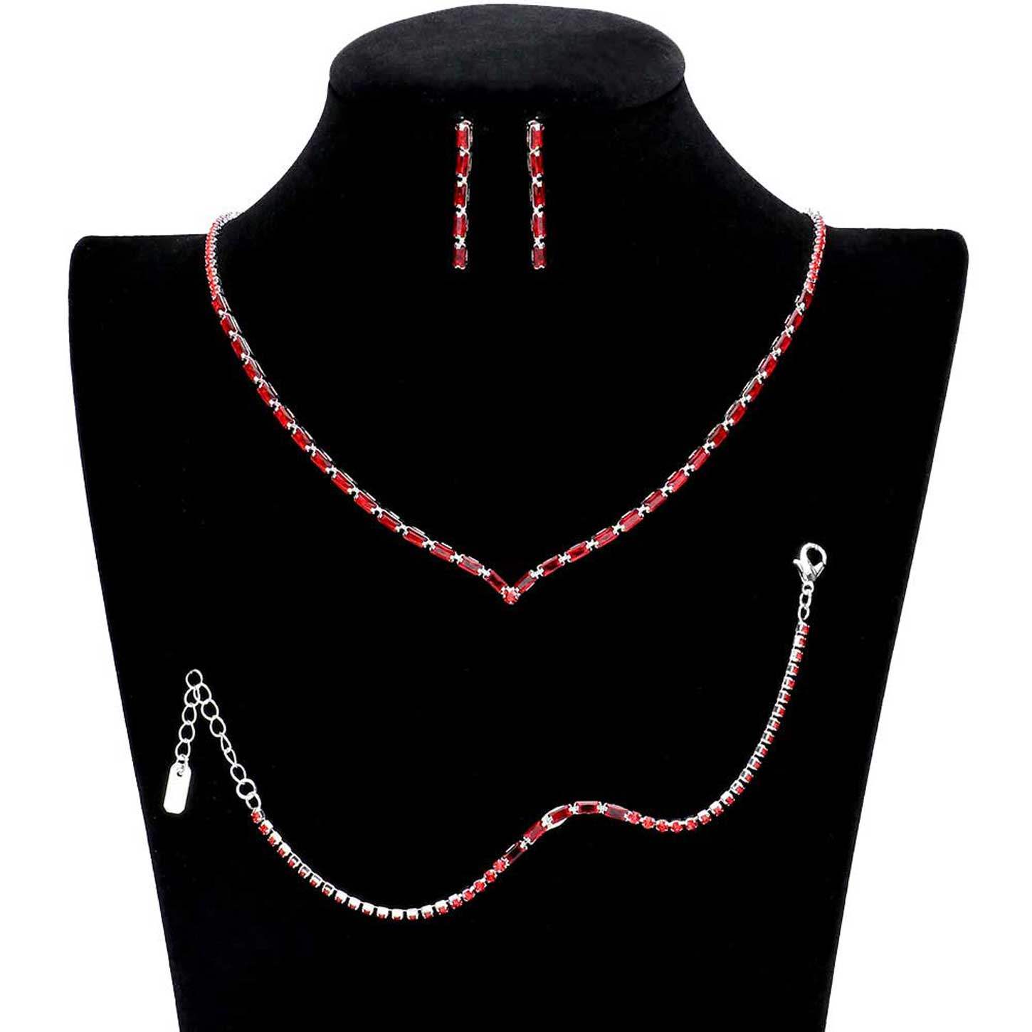 3PCS Chevron Accented Rectangle Stone Necklace Jewelry Set - Madeline Love - Flyclothing LLC