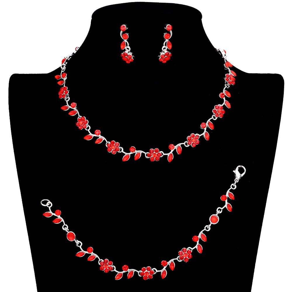 3PCS Flower Leaf Cluster Rhinestone Necklace Jewelry Set - Madeline Love - Flyclothing LLC