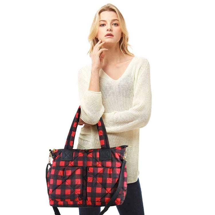 Buffalo Check Puffer Tote Bag - Madeline Love - Flyclothing LLC