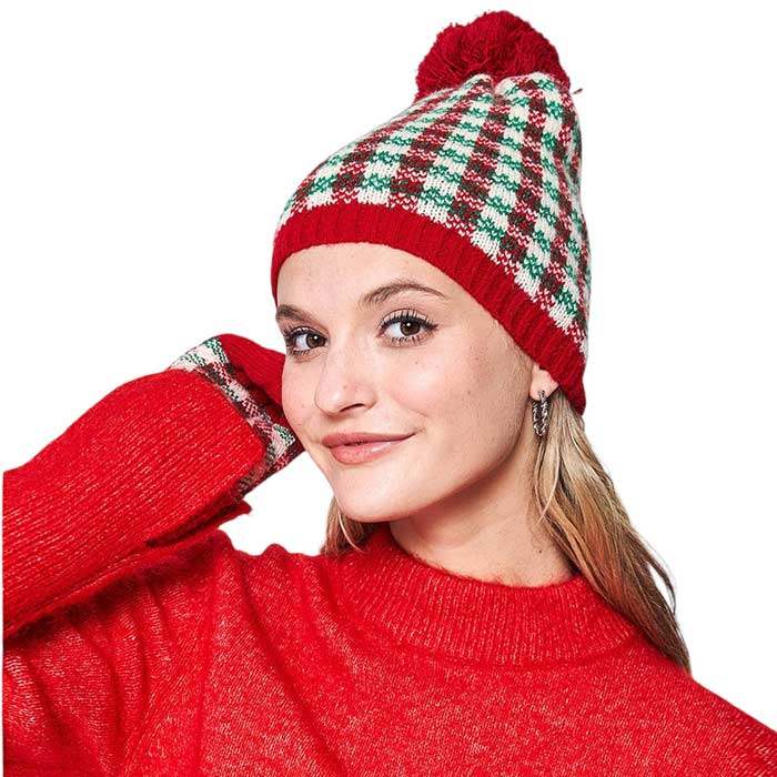 Check Patterned Pom Pom Beanie Hat - Madeline Love - Flyclothing LLC