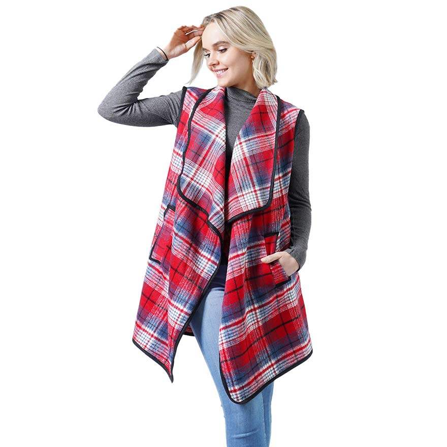 Fashionable Plaid Check Vest With Pocket - Madeline Love - Flyclothing LLC