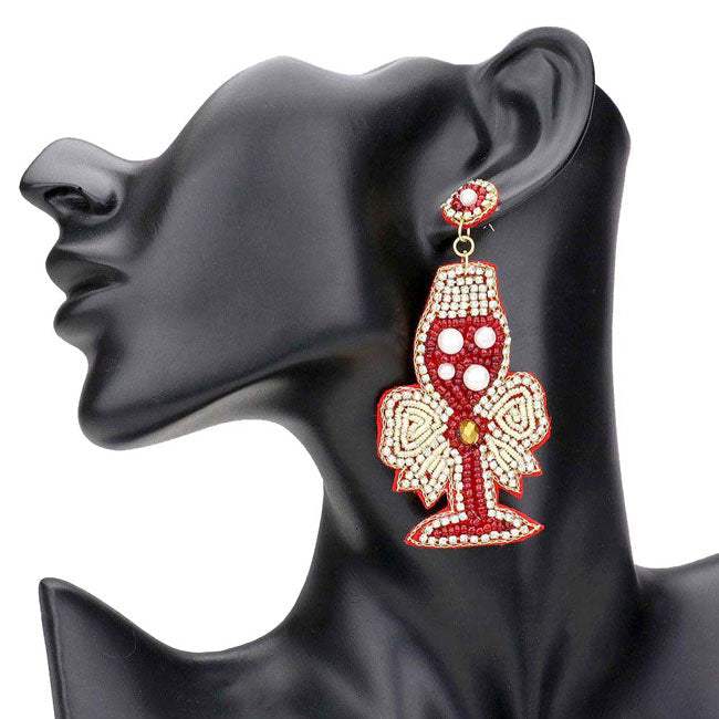 Felt Back Beaded Pearl Embellished Champagne Dangle Earrings - Madeline Love - Flyclothing LLC