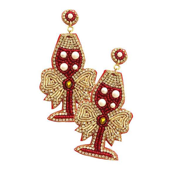 Felt Back Beaded Pearl Embellished Champagne Dangle Earrings - Madeline Love - Flyclothing LLC