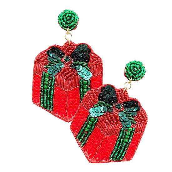 Felt Back Christmas Gift Box Sequin Beaded Dangle Earrings - Madeline Love - Flyclothing LLC